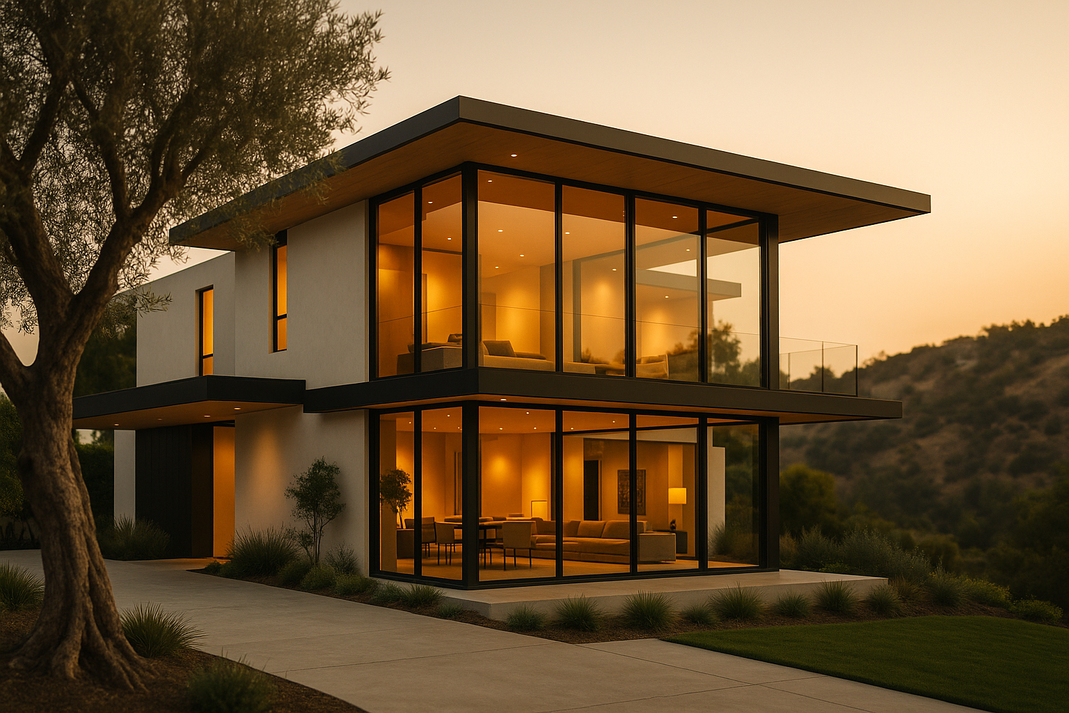 Modern custom luxury home exterior at dusk — floor-to-ceiling glass, cantilevered roofline, Southern California coastal hillside