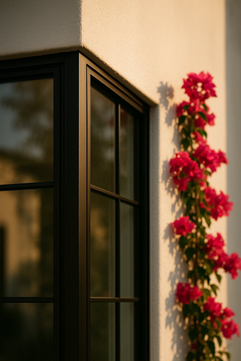 Architectural detail — black steel window frame meeting white stucco, bougainvillea climbing the wall in golden hour